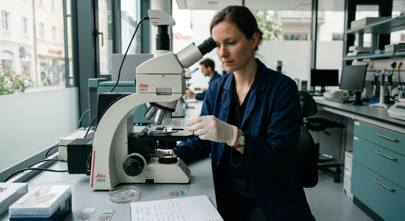 A researcher working with a microscope in a neuroscience laboratory